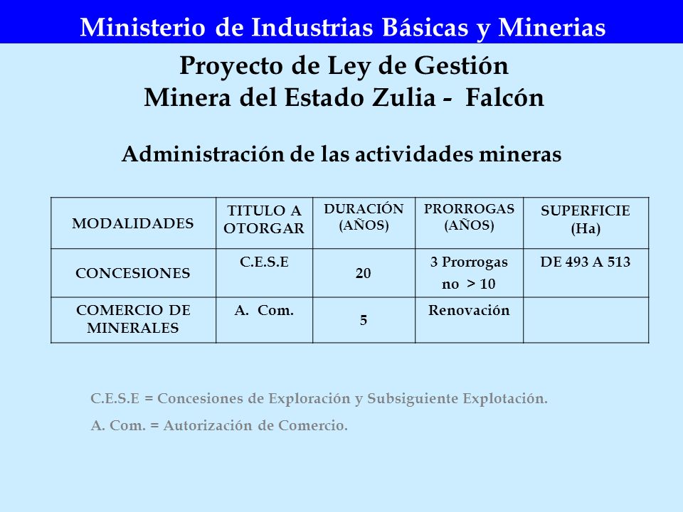 Ministerio de Industrias Básicas y Minerias Proyecto de Ley de Gestión