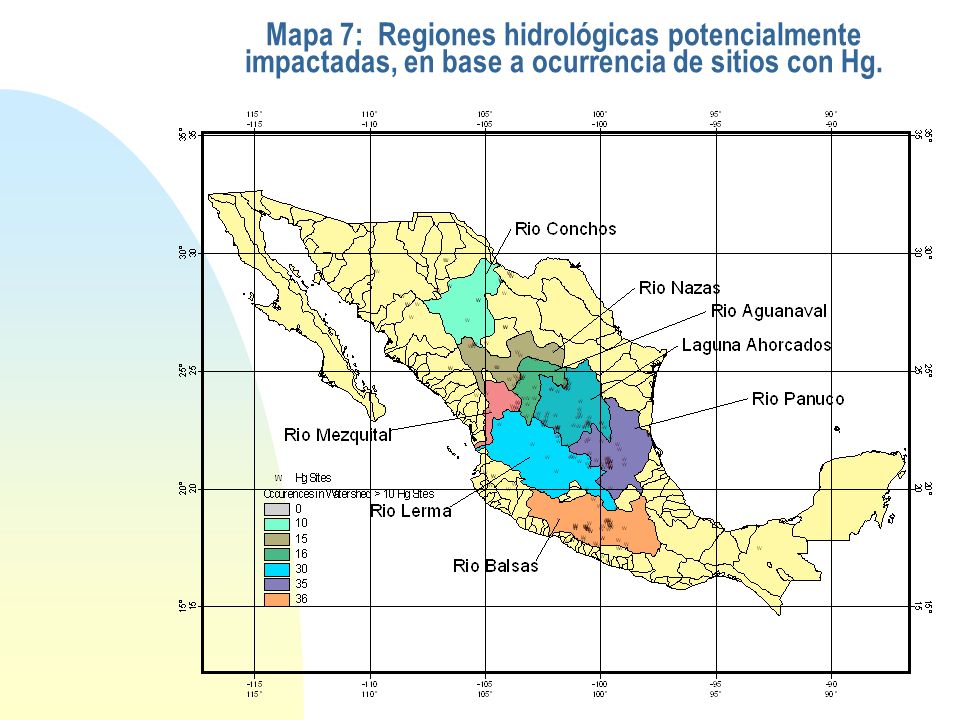 Mapa 7: Regiones hidrológicas potencialmente impactadas, en base a ocurrencia de sitios con Hg.