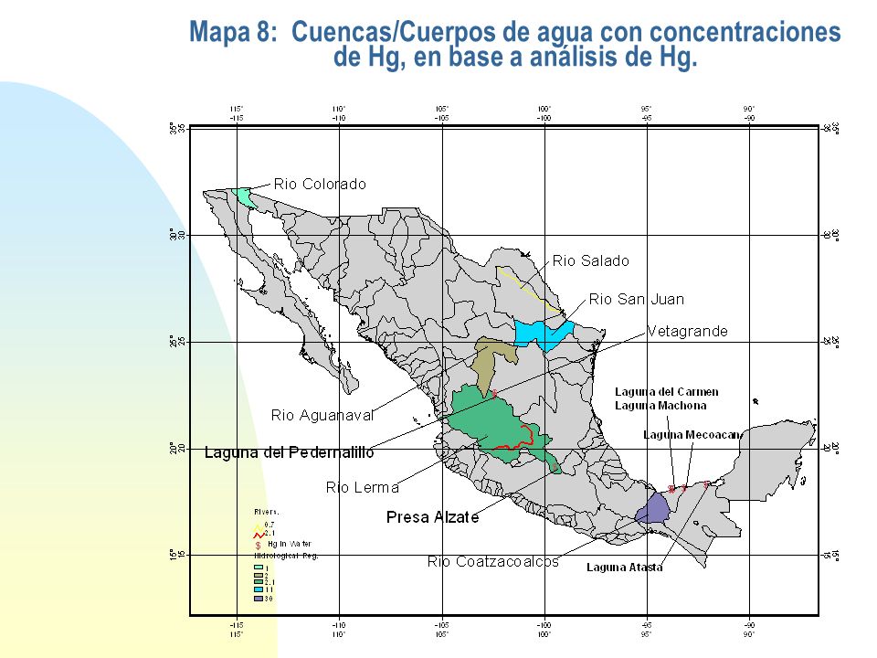 Mapa 8: Cuencas/Cuerpos de agua con concentraciones de Hg, en base a análisis de Hg.