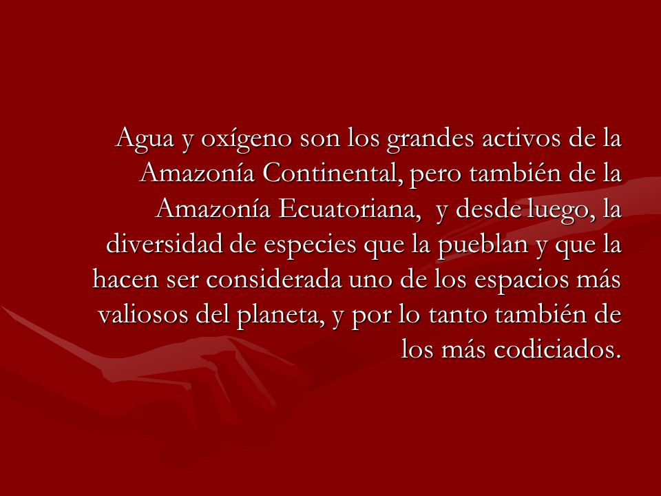 Agua y oxígeno son los grandes activos de la Amazonía Continental, pero también de la Amazonía Ecuatoriana, y desde luego, la diversidad de especies que la pueblan y que la hacen ser considerada uno de los espacios más valiosos del planeta, y por lo tanto también de los más codiciados.
