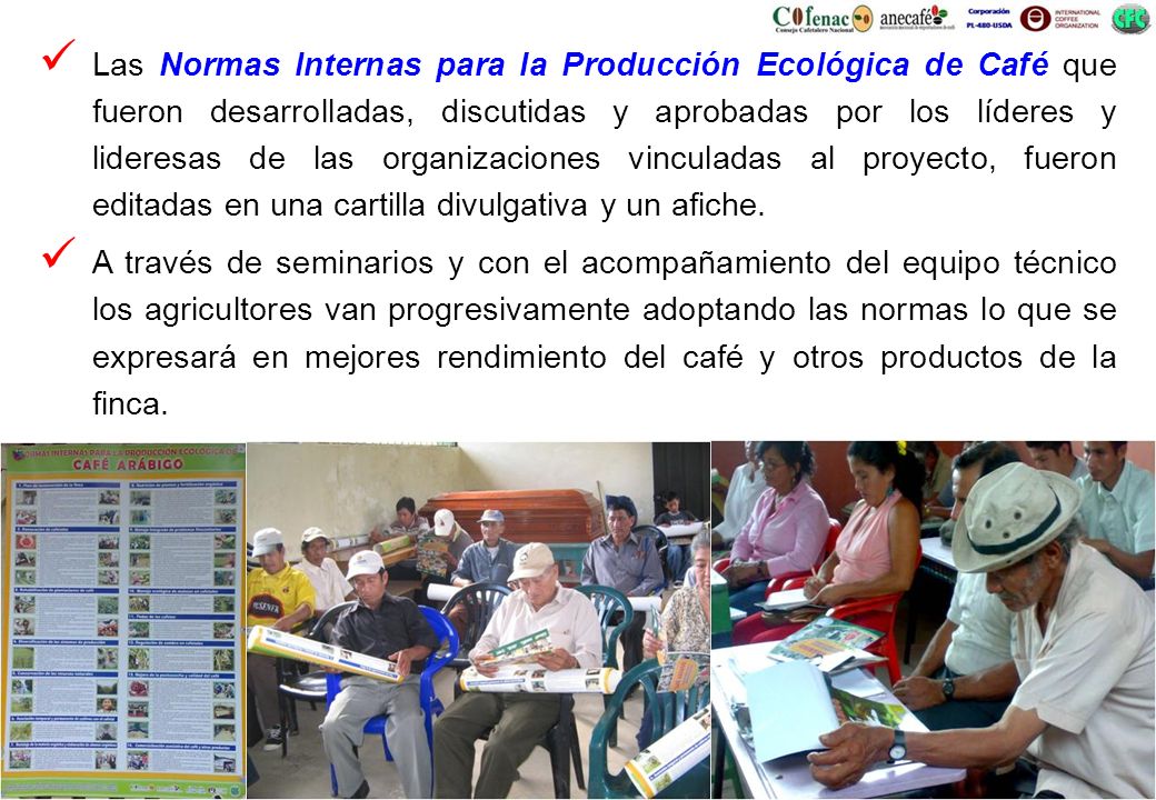 Las Normas Internas para la Producción Ecológica de Café que fueron desarrolladas, discutidas y aprobadas por los líderes y lideresas de las organizaciones vinculadas al proyecto, fueron editadas en una cartilla divulgativa y un afiche.