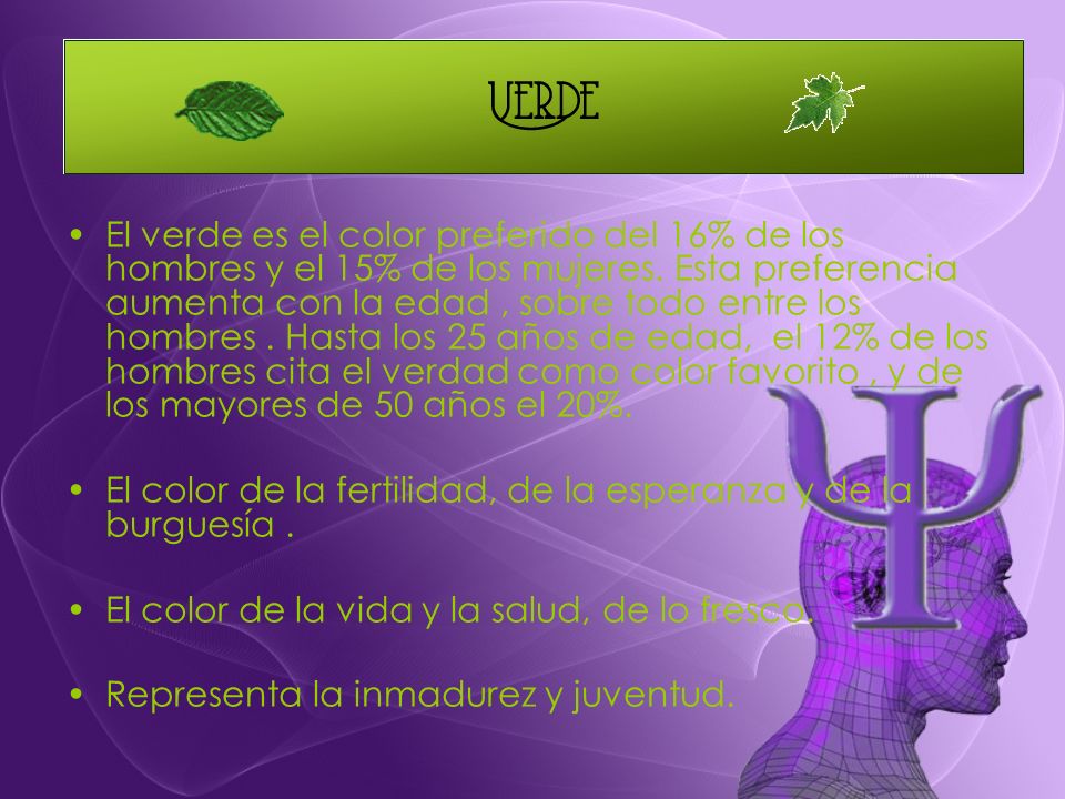 El verde es el color preferido del 16% de los hombres y el 15% de los mujeres. Esta preferencia aumenta con la edad , sobre todo entre los hombres . Hasta los 25 años de edad, el 12% de los hombres cita el verdad como color favorito , y de los mayores de 50 años el 20%.