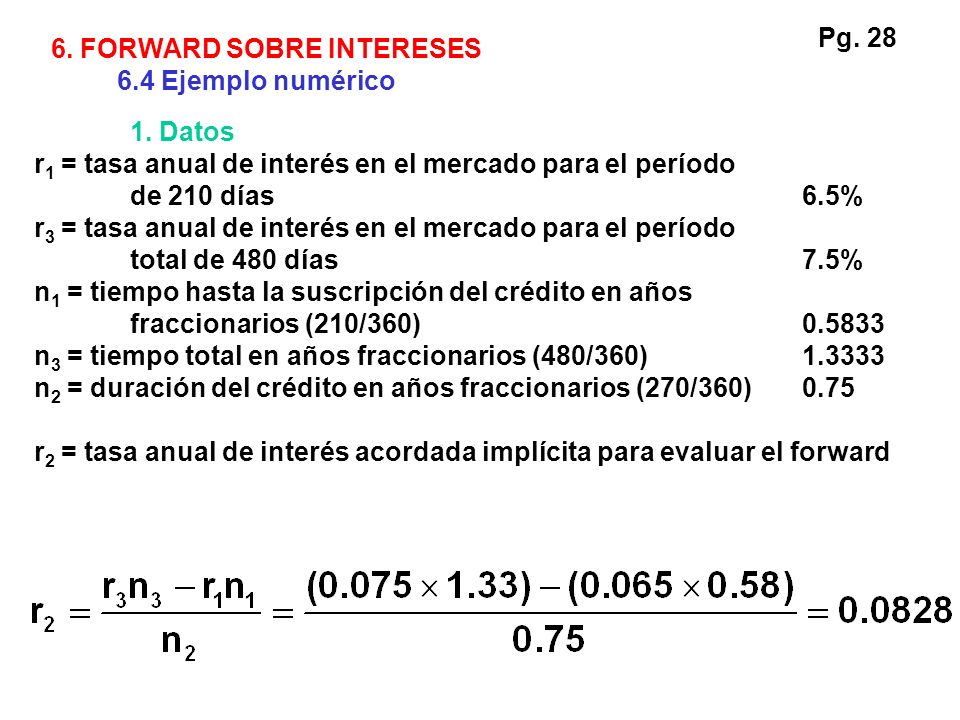 Pg FORWARD SOBRE INTERESES. 6.4 Ejemplo numérico. 1. Datos. r1 = tasa anual de interés en el mercado para el período.