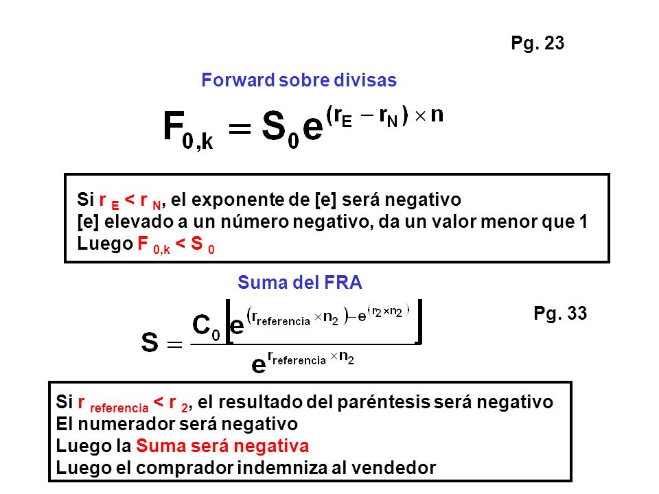 Pg. 23 Forward sobre divisas. Si r E < r N, el exponente de [e] será negativo. [e] elevado a un número negativo, da un valor menor que 1.
