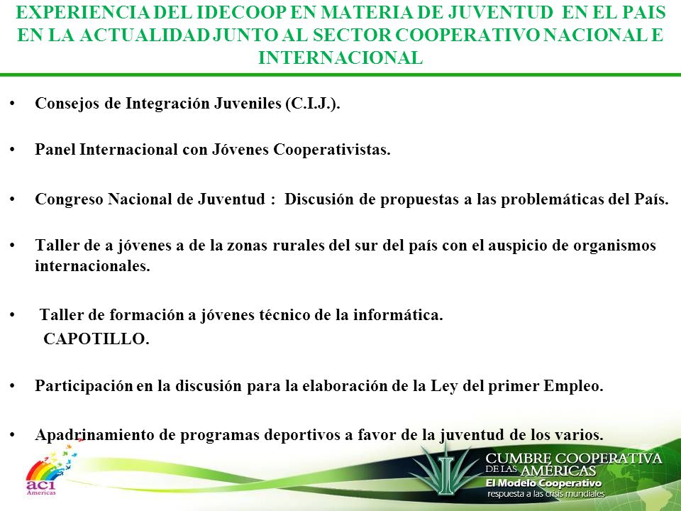 EXPERIENCIA DEL IDECOOP EN MATERIA DE JUVENTUD EN EL PAIS EN LA ACTUALIDAD JUNTO AL SECTOR COOPERATIVO NACIONAL E INTERNACIONAL
