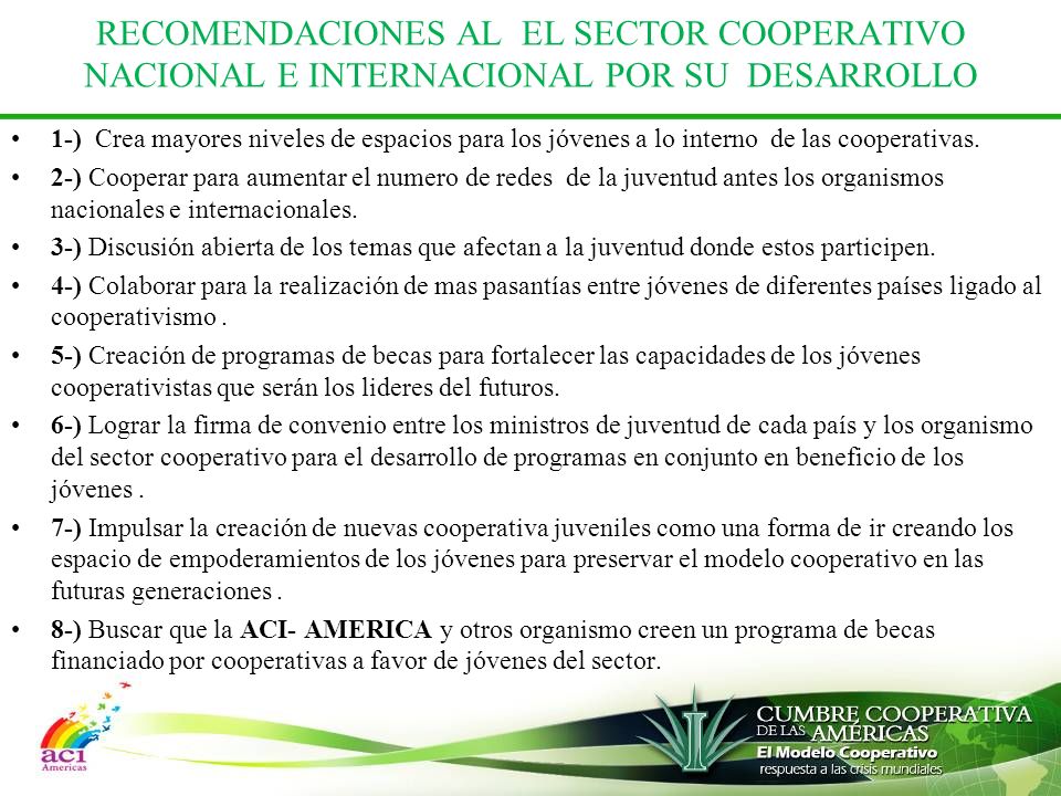 RECOMENDACIONES AL EL SECTOR COOPERATIVO NACIONAL E INTERNACIONAL POR SU DESARROLLO