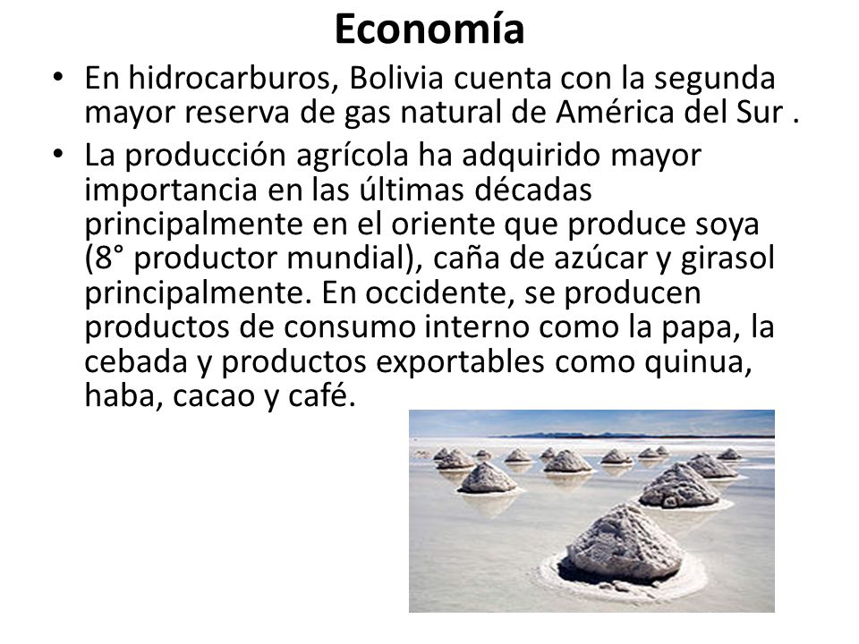 Economía En hidrocarburos, Bolivia cuenta con la segunda mayor reserva de gas natural de América del Sur .