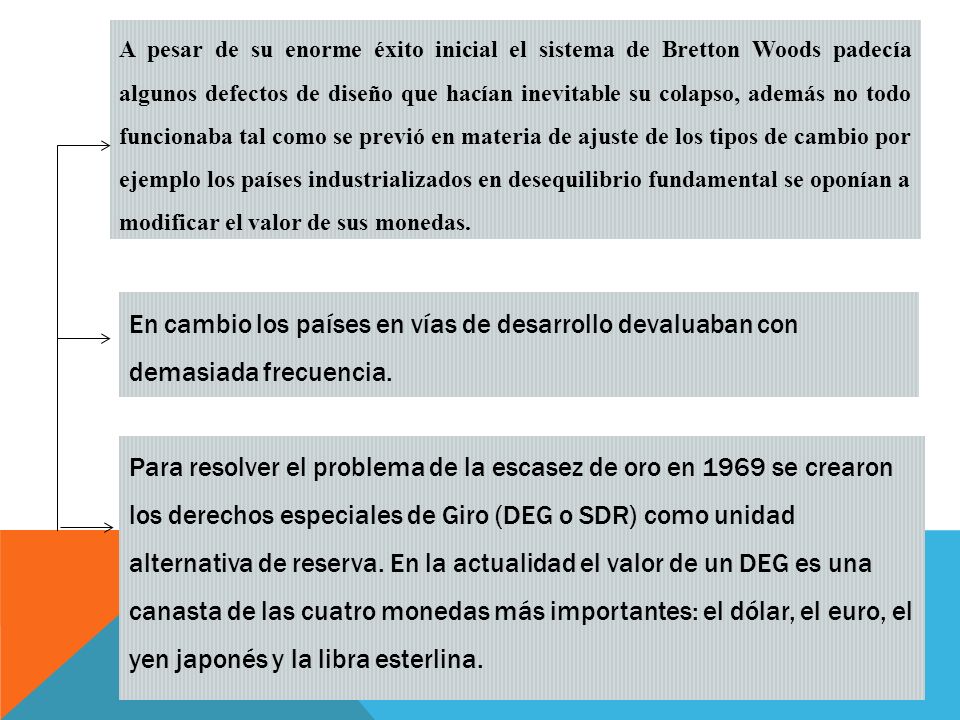 A pesar de su enorme éxito inicial el sistema de Bretton Woods padecía algunos defectos de diseño que hacían inevitable su colapso, además no todo funcionaba tal como se previó en materia de ajuste de los tipos de cambio por ejemplo los países industrializados en desequilibrio fundamental se oponían a modificar el valor de sus monedas.