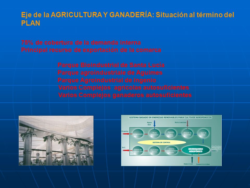 Eje de la AGRICULTURA Y GANADERÍA: Situación al término del PLAN