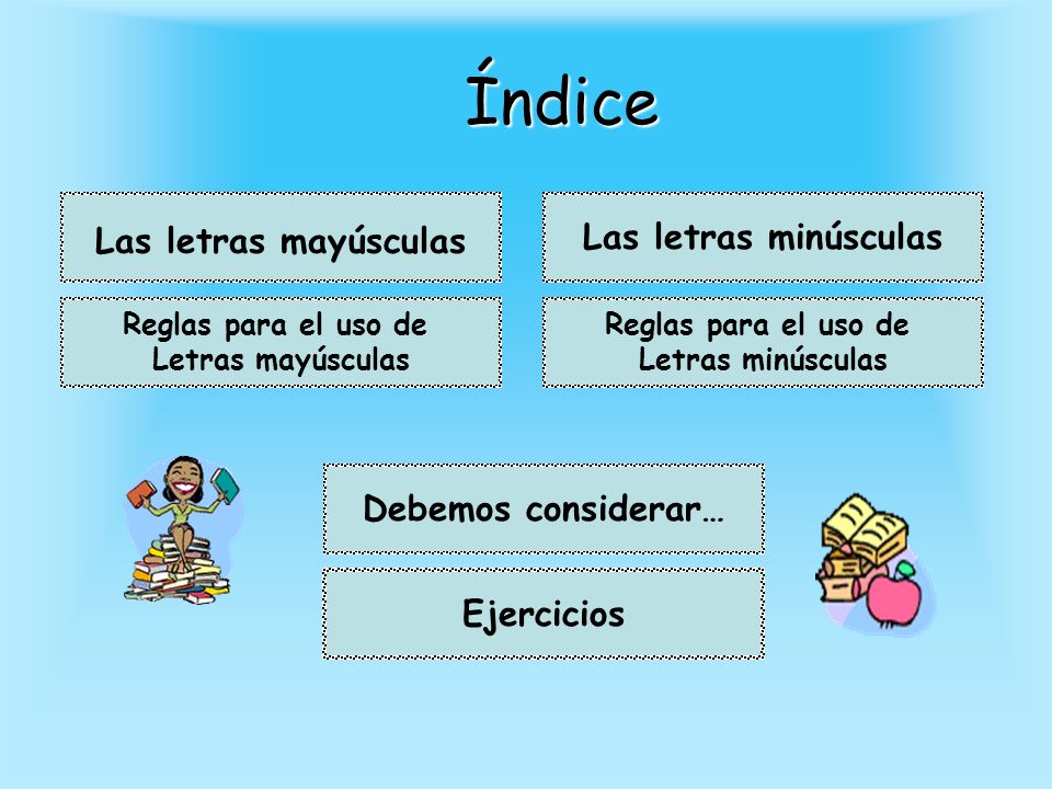 Índice Las letras mayúsculas Las letras minúsculas Debemos considerar…