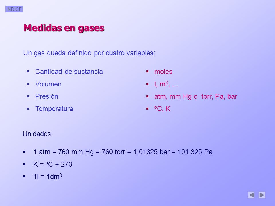 Medidas en gases Un gas queda definido por cuatro variables: