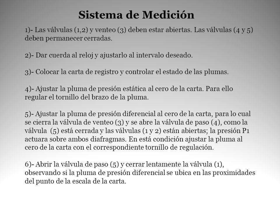 Sistema de Medición 1)- Las válvulas (1,2) y venteo (3) deben estar abiertas. Las válvulas (4 y 5) deben permanecer cerradas.