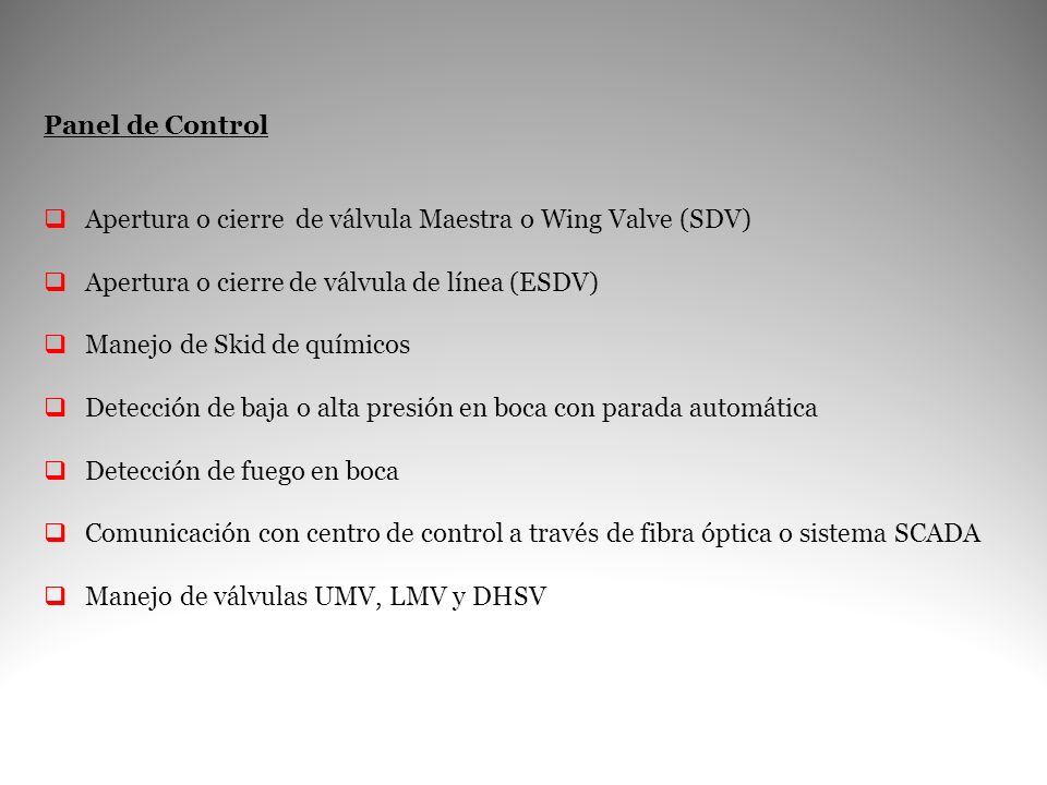 Panel de Control Apertura o cierre de válvula Maestra o Wing Valve (SDV) Apertura o cierre de válvula de línea (ESDV)