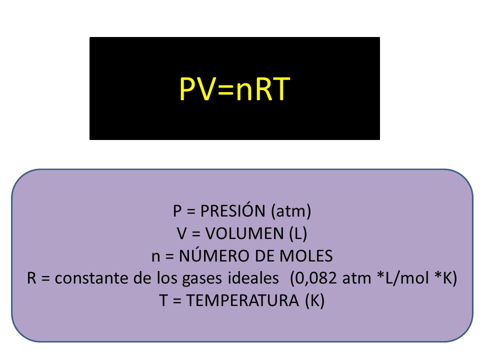 R = constante de los gases ideales (0,082 atm *L/mol *K)