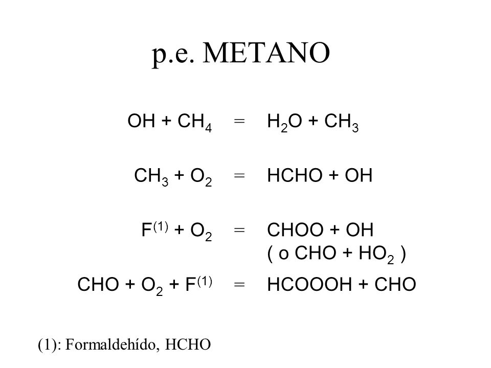 p.e. METANO OH + CH4 = H2O + CH3 CH3 + O2 HCHO + OH F(1) + O2