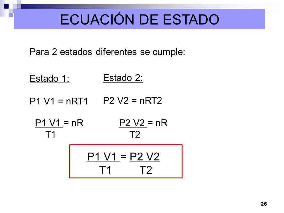 ECUACIÓN DE ESTADO P1 V1 = P2 V2 T1 T2