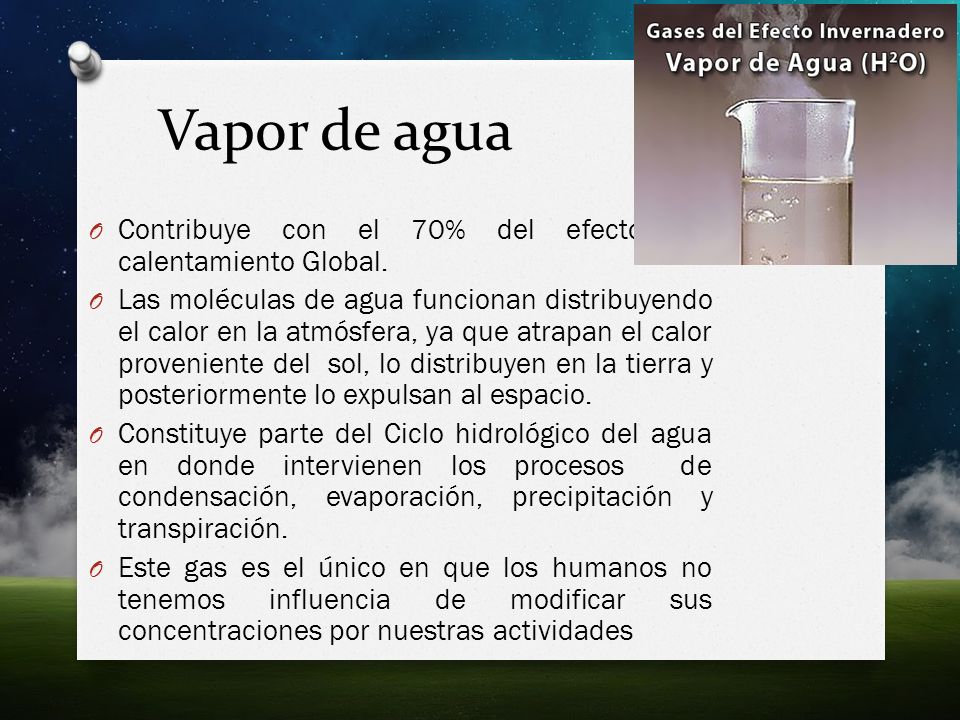 Vapor de agua Contribuye con el 70% del efecto del calentamiento Global.