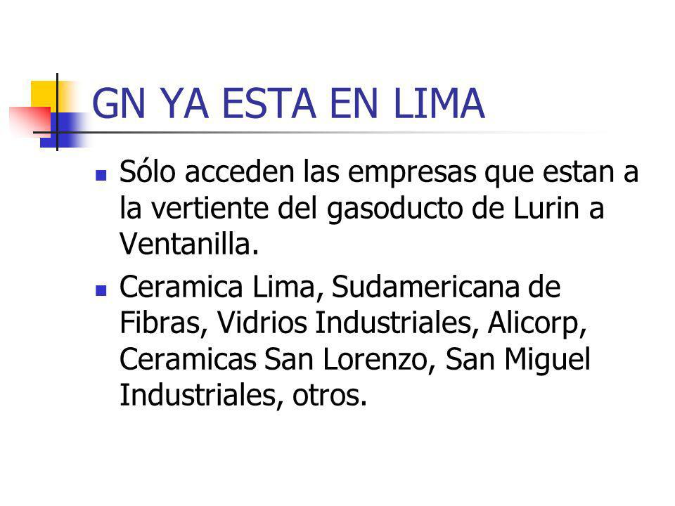 GN YA ESTA EN LIMA Sólo acceden las empresas que estan a la vertiente del gasoducto de Lurin a Ventanilla.