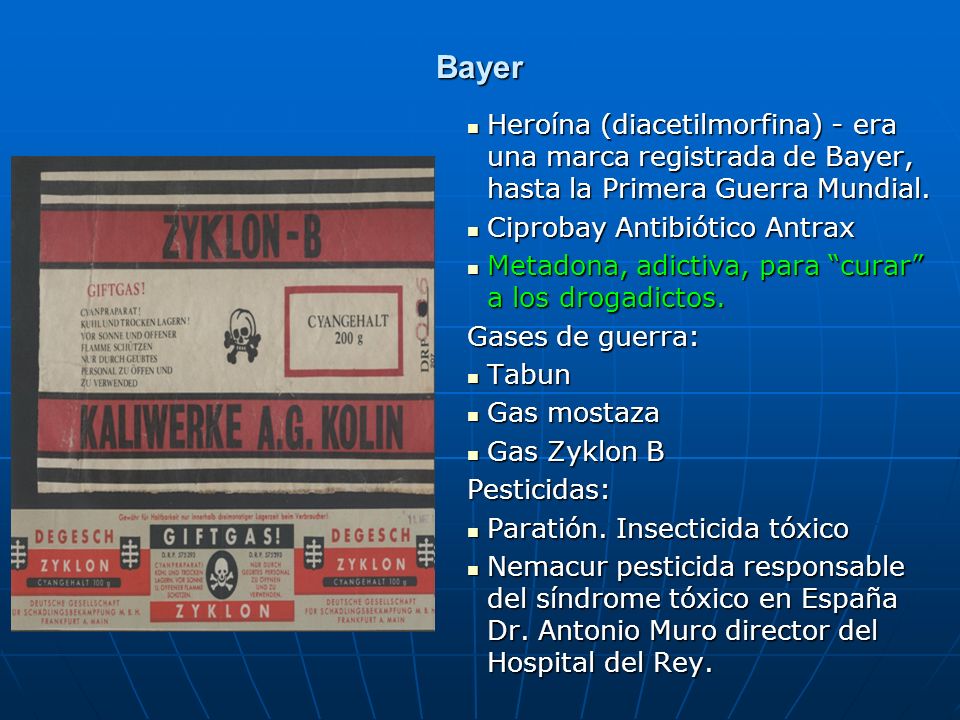 Bayer Heroína (diacetilmorfina) - era una marca registrada de Bayer, hasta la Primera Guerra Mundial.