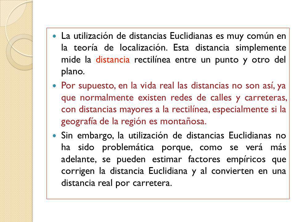 La utilización de distancias Euclidianas es muy común en la teoría de localización. Esta distancia simplemente mide la distancia rectilínea entre un punto y otro del plano.