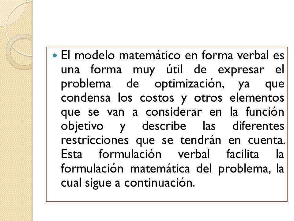 El modelo matemático en forma verbal es una forma muy útil de expresar el problema de optimización, ya que condensa los costos y otros elementos que se van a considerar en la función objetivo y describe las diferentes restricciones que se tendrán en cuenta.