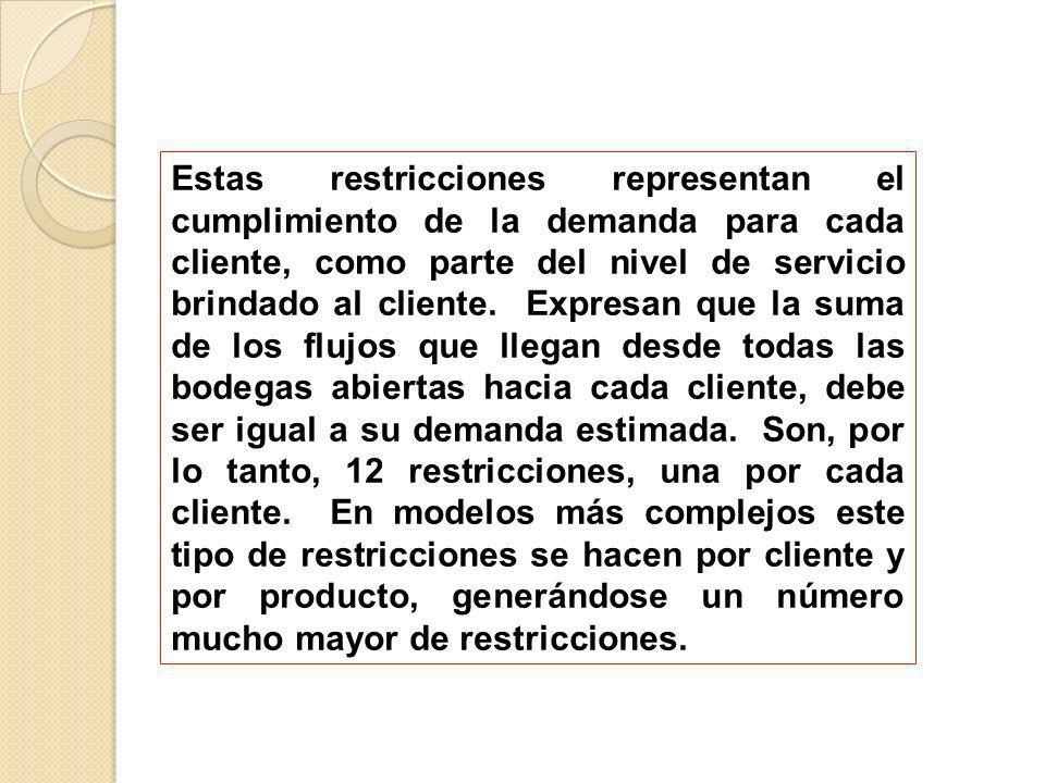 Estas restricciones representan el cumplimiento de la demanda para cada cliente, como parte del nivel de servicio brindado al cliente.