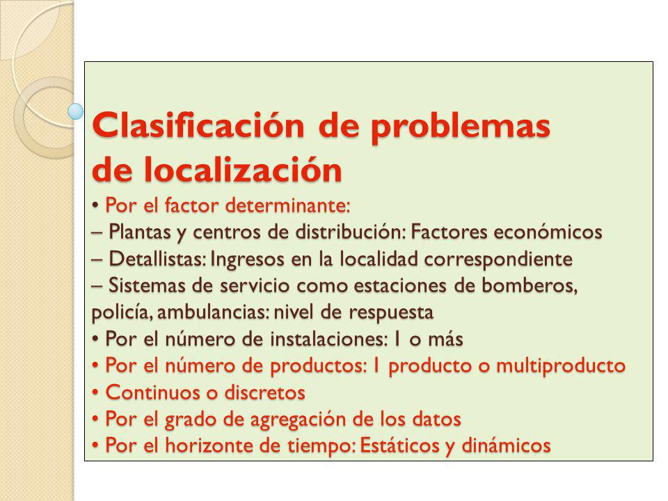 Clasificación de problemas de localización • Por el factor determinante: – Plantas y centros de distribución: Factores económicos – Detallistas: Ingresos en la localidad correspondiente – Sistemas de servicio como estaciones de bomberos, policía, ambulancias: nivel de respuesta • Por el número de instalaciones: 1 o más • Por el número de productos: 1 producto o multiproducto • Continuos o discretos • Por el grado de agregación de los datos • Por el horizonte de tiempo: Estáticos y dinámicos