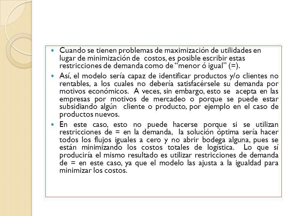 Cuando se tienen problemas de maximización de utilidades en lugar de minimización de costos, es posible escribir estas restricciones de demanda como de menor ó igual (=).