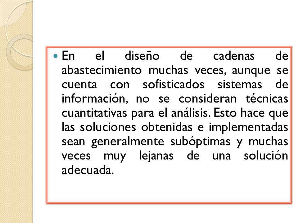En el diseño de cadenas de abastecimiento muchas veces, aunque se cuenta con sofisticados sistemas de información, no se consideran técnicas cuantitativas para el análisis.