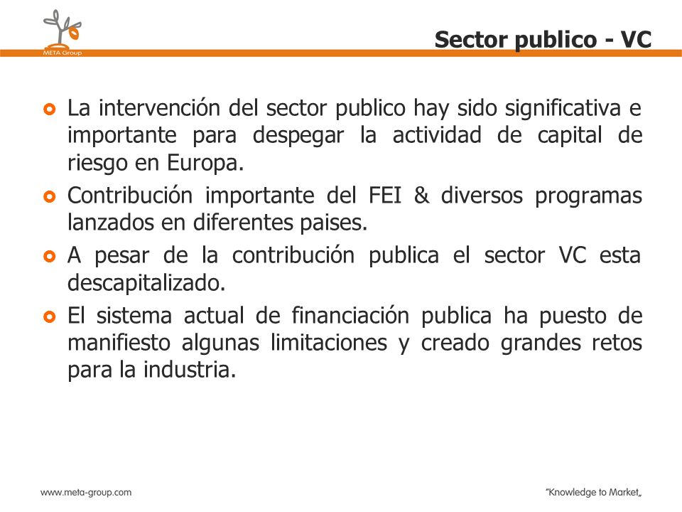 Sector publico - VC La intervención del sector publico hay sido significativa e importante para despegar la actividad de capital de riesgo en Europa.