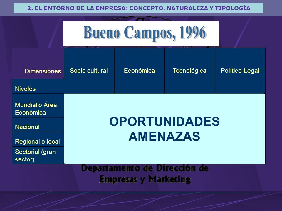 Bueno Campos, 1996 OPORTUNIDADES AMENAZAS Dimensiones Socio cultural