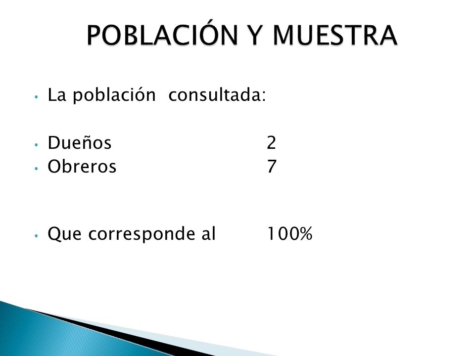 POBLACIÓN Y MUESTRA La población consultada: Dueños 2 Obreros 7