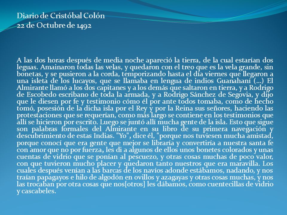 Diario de Cristóbal Colón 22 de Octubre de 1492