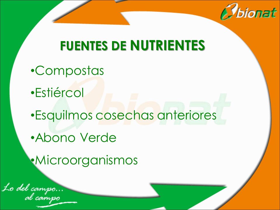 FUENTES DE NUTRIENTES Compostas Estiércol Esquilmos cosechas anteriores Abono Verde Microorganismos