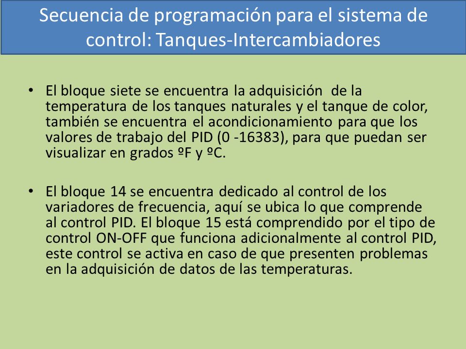 Secuencia de programación para el sistema de control: Tanques-Intercambiadores