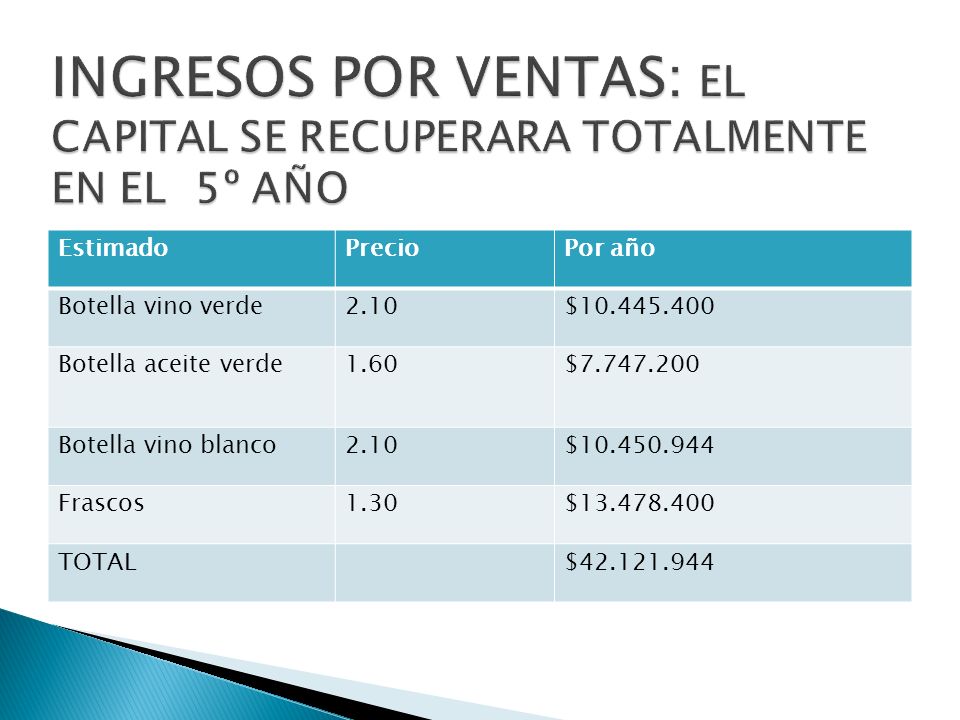 INGRESOS POR VENTAS: EL CAPITAL SE RECUPERARA TOTALMENTE EN EL 5º AÑO
