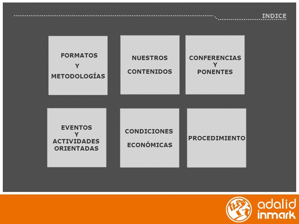 INDICE FORMATOS. Y. METODOLOGÍAS. NUESTROS. CONTENIDOS. CONFERENCIAS. Y. PONENTES. EVENTOS.