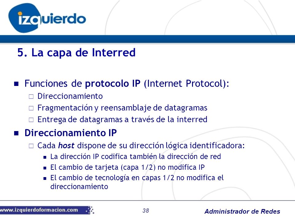 5. La capa de Interred Funciones de protocolo IP (Internet Protocol):