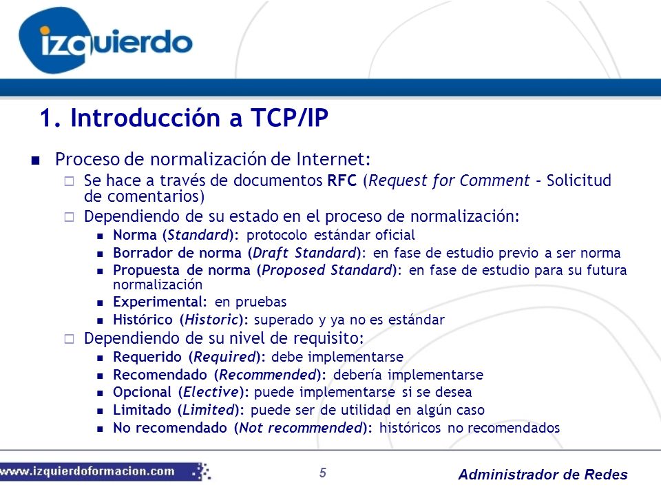 1. Introducción a TCP/IP Proceso de normalización de Internet: