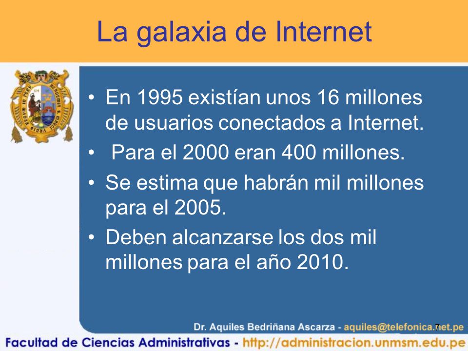 La galaxia de Internet En 1995 existían unos 16 millones de usuarios conectados a Internet. Para el 2000 eran 400 millones.