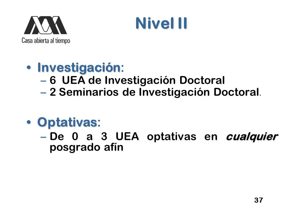 Nivel II Investigación: Optativas: 6 UEA de Investigación Doctoral