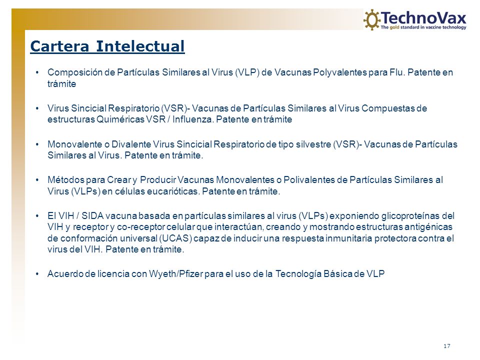 Cartera Intelectual Composición de Partículas Similares al Virus (VLP) de Vacunas Polyvalentes para Flu. Patente en trámite.