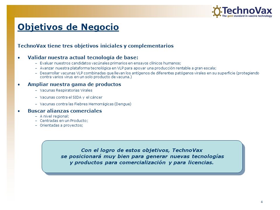Objetivos de Negocio TechnoVax tiene tres objetivos iniciales y complementarios. Validar nuestra actual tecnología de base: