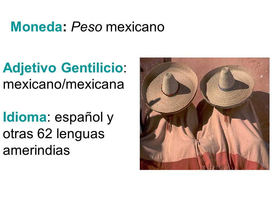 Moneda: Peso mexicano Adjetivo Gentilicio: mexicano/mexicana.
