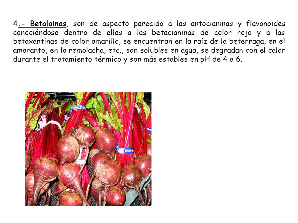 4.- Betalainas, son de aspecto parecido a las antocianinas y flavonoides conociéndose dentro de ellas a las betacianinas de color rojo y a las betaxantinas de color amarillo, se encuentran en la raíz de la beterraga, en el amaranto, en la remolacha, etc., son solubles en agua, se degradan con el calor durante el tratamiento térmico y son más estables en pH de 4 a 6.