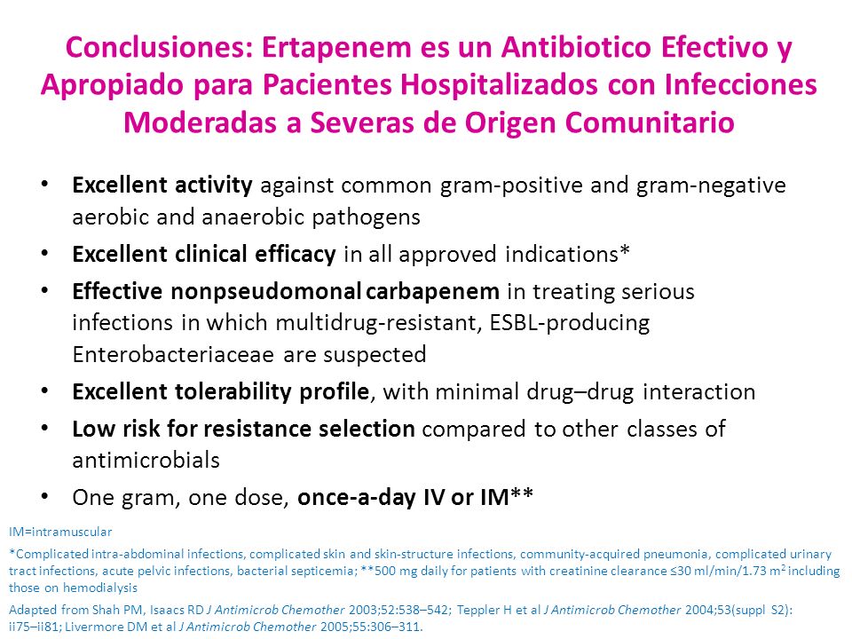 Conclusiones: Ertapenem es un Antibiotico Efectivo y Apropiado para Pacientes Hospitalizados con Infecciones Moderadas a Severas de Origen Comunitario