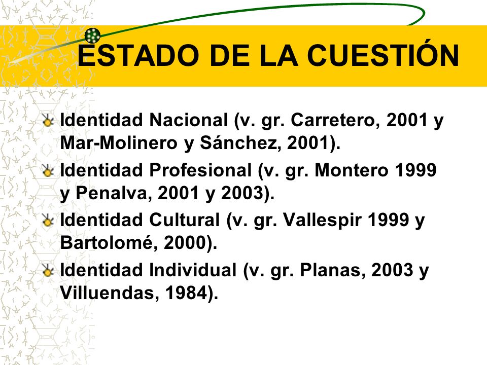 ESTADO DE LA CUESTIÓN Identidad Nacional (v. gr. Carretero, 2001 y Mar-Molinero y Sánchez, 2001).