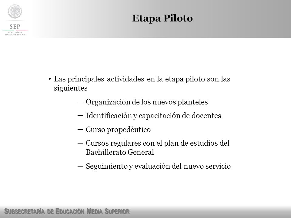 Etapa Piloto Las principales actividades en la etapa piloto son las siguientes. Organización de los nuevos planteles.