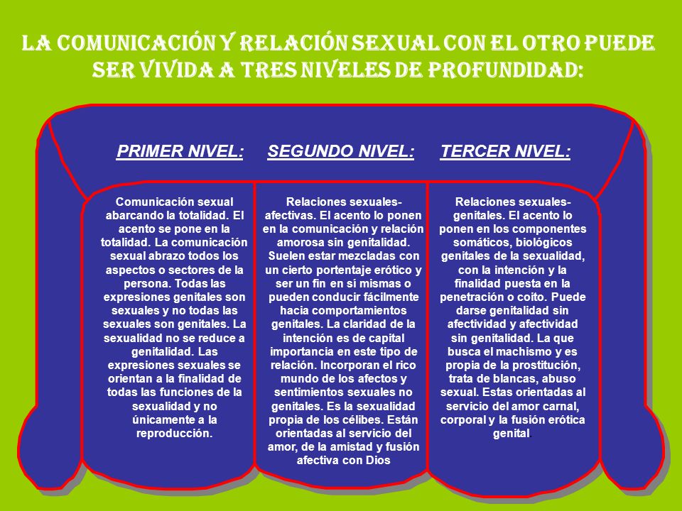 LA COMUNICACIÓN Y RELACIÓN SEXUAL CON EL OTRO PUEDE SER VIVIDA A TRES NIVELES DE PROFUNDIDAD: