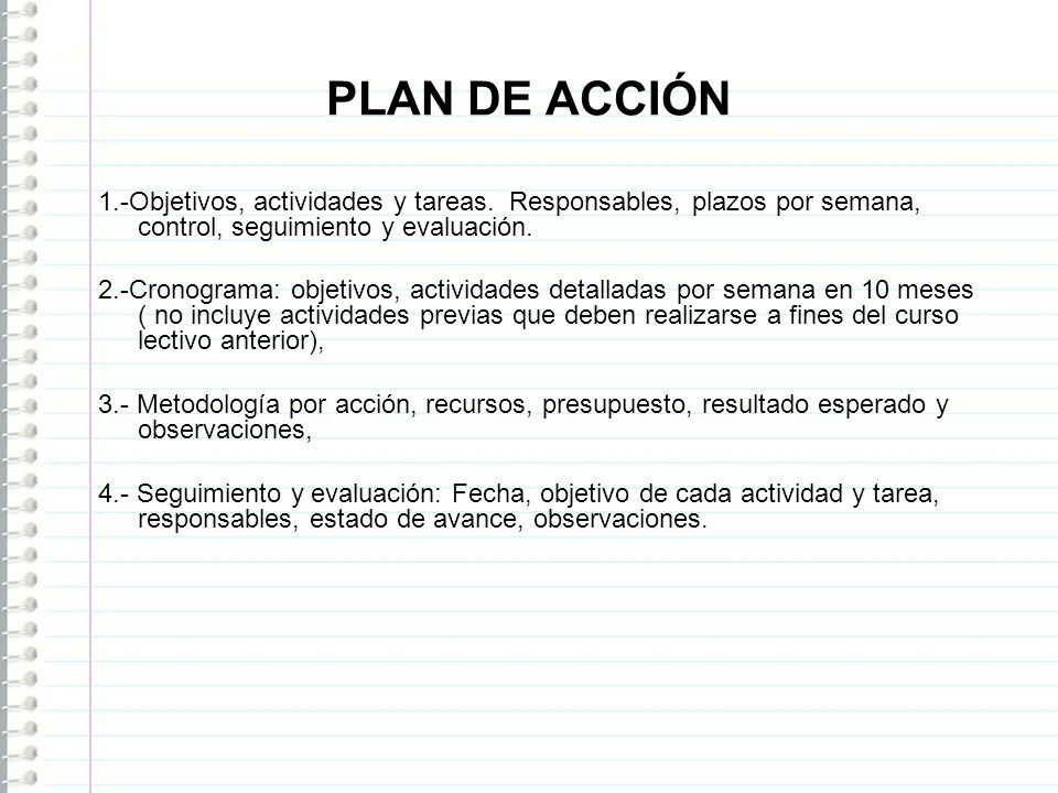 PLAN DE ACCIÓN 1.-Objetivos, actividades y tareas. Responsables, plazos por semana, control, seguimiento y evaluación.
